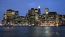 The Financial District area from Brooklyn. The South Street Seaport is at the lower middle, slightly to the right. Circa 2006 Lower Manhattan by night.jpg