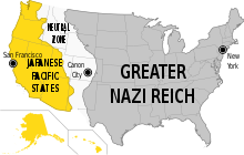 The US as depicted in the television series. Though Denver is the capital of the Neutral Zone, Canon City, Colorado, is a major setting. Man High Castle (TV Series) map.svg