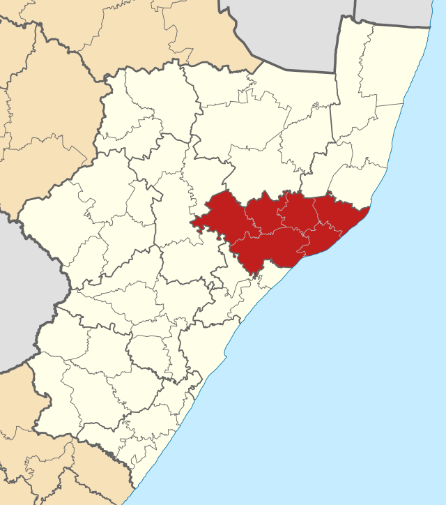 Kaart van Suid-Afrika wat uThungulu in KwaZulu-Natal aandui
