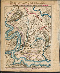Map of the night march from Malvern Hill to Harrison's Landing at Battle of Malvern Hill, by Robert Knox Sneden