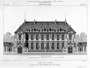 Hôtel de M. L. Fould, rue de Berri à Paris par Henri Labrouste (détruit), gravure parue dans la Revue générale de l'architecture et des travaux publics en 1858.