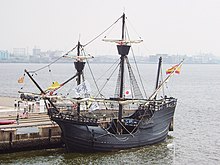 A replica of the Spanish carrack Victoria which completed the first circumnavigation of the Earth in 1522. Nao Victoria.jpg