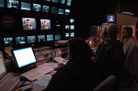 The production control room for The NewsHour with Jim Lehrer during an interview with General Peter Pace (November 7, 2005).