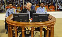 Nuon Chea, the Khmer Rouge's chief ideologist, before the Cambodian Genocide Tribunal on 5 December 2011 Nuon Chea - 5 December 2011.jpg