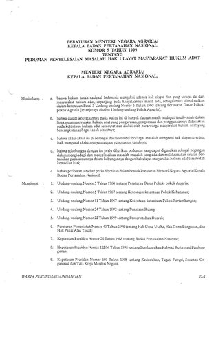 Peraturan Menteri Negara Agraria/Kepala Badan Pertanahan Nasional Nomor 05 Tahun 1999 tentang Pedoman Penyelesaian Masalah Hak Ulayat Masyarakat Hukum Adat