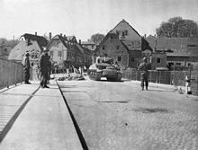 Colditz Bridge in 1945 after the town had been occupied by the US Army. PicOf 4C LibBridge.jpg