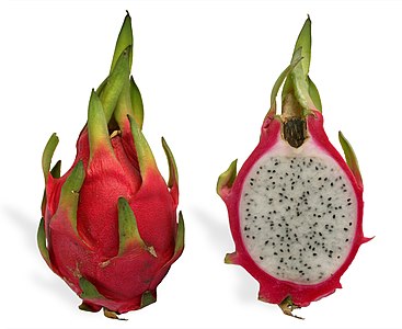 Bütün ve ortadan ayrılmış hâldeki olgun bir kırmızı pitaya (Hylocereus undatus) meyvesi. (Üreten:Kullanıcı:SMasters)