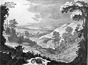 Blick vom Bopser zum Galgenberg mit dem Dreiecksgalgen und dem Hochgalgen (Bildmitte), 1624. → Bildkommentar.