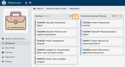 Gehe im Workboard in die Spalte, wo du den neuen Task erstellen möchtest und Klicke auf das Dreieck oben rechts. Bei nichteinsortierbaren Tasks wähle die Spalte „Backlog“ aus.