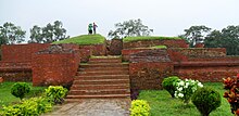 Ruinen des Shalban Vihara. Mit dekorativen Büschen bepflanzter Treppenaufgang an einer Struktur aus roten Ziegeln.
