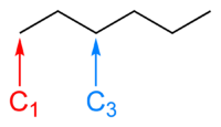 Скелетная формула гексана с обозначенными атомами углерода номер один и три