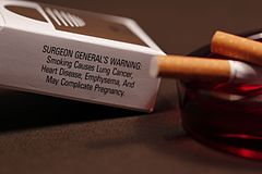 A cigarette carton warns about the health risks of smoking. Public awareness was delayed by a SCAM (Scientific Certainty Argumentation Method). Surgeon General's warning cigarettes.jpg