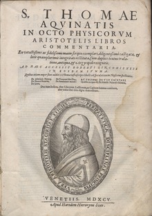 One of Thomas Aquinas' commentaries on Aristotle. This edition dates from 1595. The page depicts Aristotle himself Tommaso - Super Physicam Aristotelis, 1595 - 4733624.tif