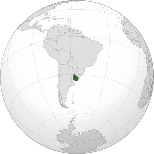 Location of Uruguay (dark green) in South America (grey)