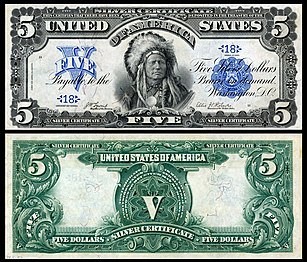 Obverse and reverse of an 1899 five-dollar silver certificate