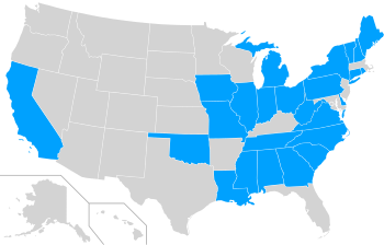 States (highlighted in blue) that have changed their capital city at least once
