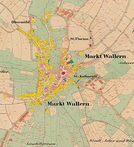 Detail centra Volar na císařských otiscích map stabilního katastru z roku 1837. Mapa zobrazuje stav před velkým požárem města v roce 1863. Většina domů ve městě je postavena ze dřeva.