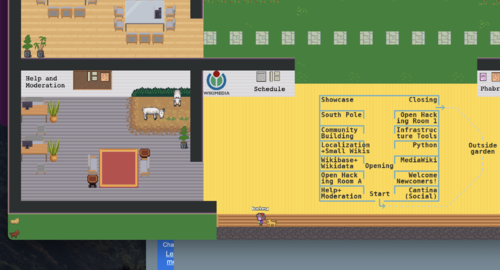 An animated game-style room which says Help and Moderation. A blue map on a yellow background. The rooms listed are Showcase, South Pole, Community Building, Localization+Small Wikis, Wikibase+Wikidata, Open Hacking Room, Opening, Help+Moderation, Cantina(Social), Welcome Newcomers!, MediaWiki, Python, Infrastructure Tools, Open Hacking Room, Closing, and Outside Garden.