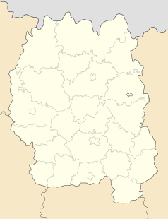 Mapa konturowa obwodu żytomierskiego, blisko centrum na dole znajduje się punkt z opisem „Żytomierz”