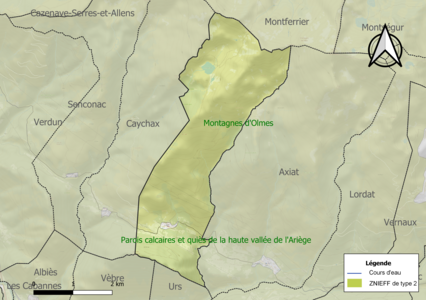 Carte des ZNIEFF de type 2 sur la commune.