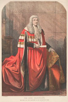 Full length portrait of Cranworth wearing ceremonial robes and long wig (colour engraving)