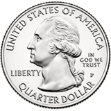 Silver coin with profile of Washington bust. He faces left regally and wears a colonial-style queue in his hair. "UNITED STATES OF AMERICA" is at top, "QUARTER DOLLAR" at bottom, "LIBERTY" at left, and "IN GOD WE TRUST" above "P" at right. Just below the bust is "JF uc" in tiny letters.