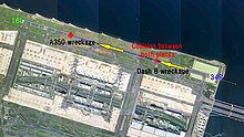 Airport layout with the location of the runway collision and the wreckage of both aircraft. 2024 Haneda Airport runway collision aerial photo layout.jpg