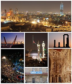 Từ trên xuống, phải sang trái: Dự án Abdali nổi bật lên trong cảnh Amman nhìn từ không trung, Đền Hercules ở thành Amman, Nhà thờ Hồi giáo Vua Abdullah I và cột cờ Raghadan, cầu Abdoun, cung điện Umayyad, trạm đường sắt Hejaz và sân khấu La Mã.
