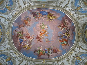 One of the seven ceiling frescoes painted by B...