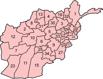 Afghanistan is divided into 34 provinces, which are further divided into a number of districts. Afghanistan provinces numbered.png