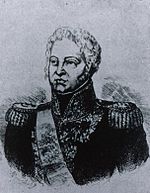 Black and white sketch of a man with long sideburns. He wears a dark military uniform of the 1810 period with high collar, epaulettes and lots of gold braid.
