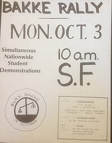 a flyer informing the public of a rally against Bakke set for October 3, 1977 in San Francisco. There is a logo, showing tilted scales of justice and the legend, "Bury Bakke in October".