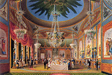 The richly decorated Banqueting Room at the Royal Pavilion, from John Nash's Views of the Royal Pavilion (1826) Brighton Banqueting Room Nash edited.jpg