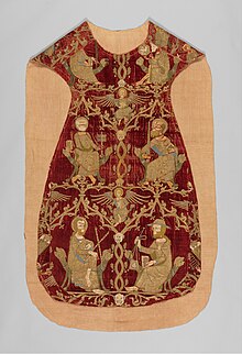 Chichester-Constable Chasuble (front), from a set of vestments embroidered in opus anglicanum, from southern England, 1330-1350. Red velvet with silk and metallic thread and seed pearls; length 5ft. 6in. (167.6cm), width 30in. (76.2cm). The Metropolitan Museum of Art. Chasuble (Opus Anglicanum) MET DP345187.jpg
