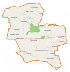 Mapa konturowa gminy Chodów, u góry nieco na lewo znajduje się punkt z opisem „Dzierzbice”