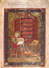 The Codex Amiatinus anachronistically depicts the Biblical Ezra with the kind of books used in the 8th century AD. CodxAmiatinusFolio5rEzra.jpg