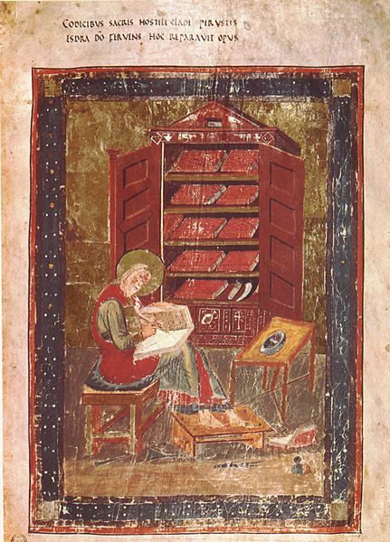 A scribe at work in a library or scriptorium, representing Ezra, from the Codex Amiatinus (image from Wikimedia Commons)