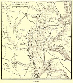 Sepia-toned Resaca battle map from Jacob D. Cox's Atlanta