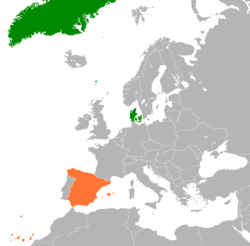 Map indicating locations of Denmark and Spain