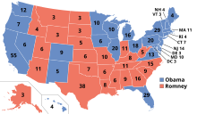 In this map of the 2012 United States presidential election results, the states are colour-coded by the political colour of the party whose candidate won their electoral college votes, but the political meanings of red and blue in the United States are the opposite of their meanings in the rest of the world. ElectoralCollege2012.svg