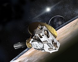 Umělecká představa průletu sondy New Horizons nad povrchem Pluta