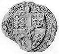 Seël van Erik van Pommere as koning van die Kalmarunie, 1398. ’n Klein Dannebrog-banier word afgebeeld waar dit deur die drie Deense leeus vasgehou word (bo-links)