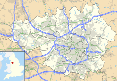 Mapa konturowa Wielkiego Manchesteru, u góry znajduje się punkt z opisem „Elton”