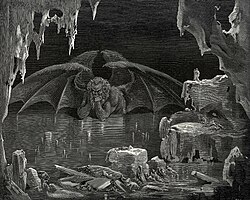 Satan frozen at the center of Cocytus, the ninth circle of Hell in Dante's Inferno.