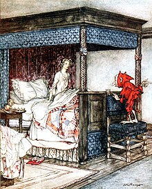 アーサー ラッカムの挿絵。赤い服の小さなビリー ブラインドが、寝室で 眠っていた イスベル お嬢さんに 声を掛けて起こした場面を描いた水彩画。