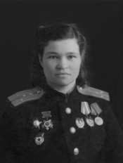 Irina Sebrova, a flight commander in the women's 46th Taman Guards Night Bomber Aviation Regiment, also known as the Night Witches, flew 1,008 sorties in the war, more than any other member of the regiment. Irina Sebrova portrait.png