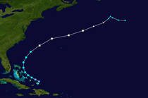 A map plotting the track and intensity of Hurricane Kate at 6-hour intervals during its lifetime.