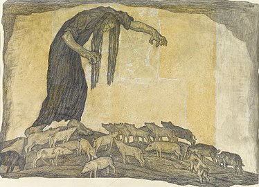 Kristjan Raud: Vještica i praščići (1914.), ugljen i olovka na papiru