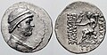Mithridates II of Parthia from Seleucia on the Tigris. The reverse shows a seated goddess (perhaps Demeter) holding Nike and a cornucopia. The Greek inscription says Coin of the Great king Arsaces, friend of the Greeks. He was a contemporary of Emperor Wu of Han.