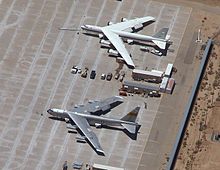 NASA's NB-52B Balls 8 (lower) and its replacement B-52H on the flight line at Edwards Air Force Base in 2004 Nasa-b52-040721-wp-cr.jpg